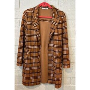 #8270 Potter's Pot Womens Tan Plaid Open Front Coat With Pockets